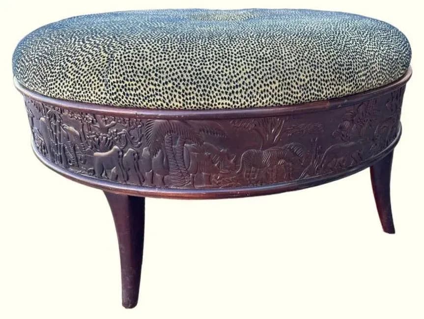 Sam Moore Safari Round Cocktail Ottoman With Carved Teakwood Frame and Cheetah Print Upholstery - Thumbnail 5