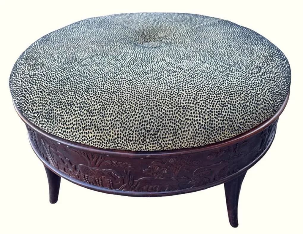 Sam Moore Safari Round Cocktail Ottoman With Carved Teakwood Frame and Cheetah Print Upholstery - Thumbnail 3