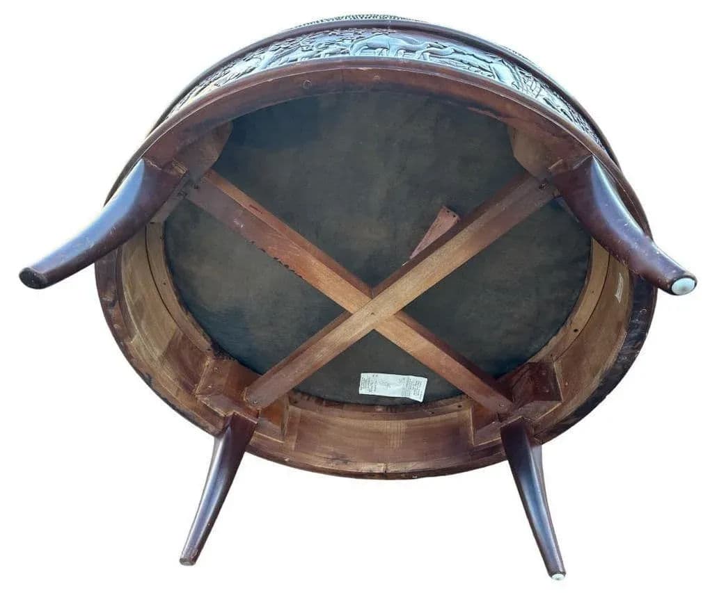 Sam Moore Safari Round Cocktail Ottoman With Carved Teakwood Frame and Cheetah Print Upholstery - Thumbnail 6