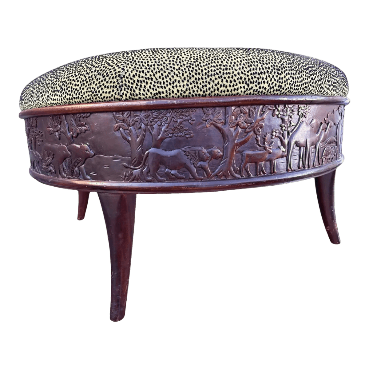 Sam Moore Safari Round Cocktail Ottoman With Carved Teakwood Frame and Cheetah Print Upholstery - Thumbnail 2