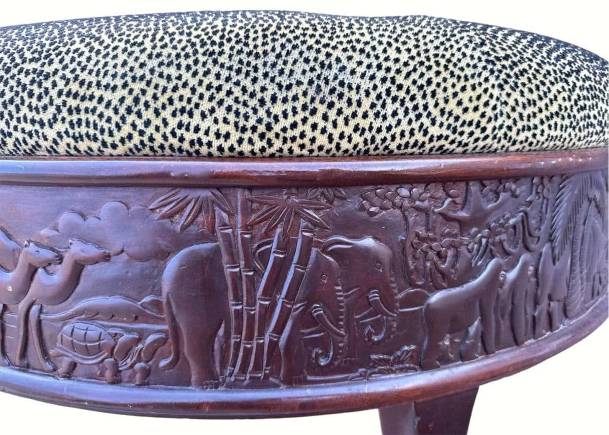 Sam Moore Safari Round Cocktail Ottoman With Carved Teakwood Frame and Cheetah Print Upholstery - Thumbnail 4