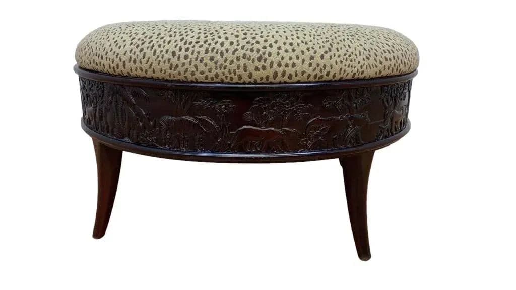 Sam Moore Safari Round Cocktail Ottoman With Carved Teakwood Frame and Cheetah Print Upholstery - Thumbnail 11