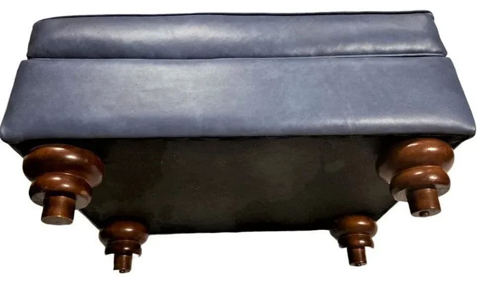 Mid 20th Century Traditional Ottoman Reupholstered in Soft Blue Italian Leather - Thumbnail 3
