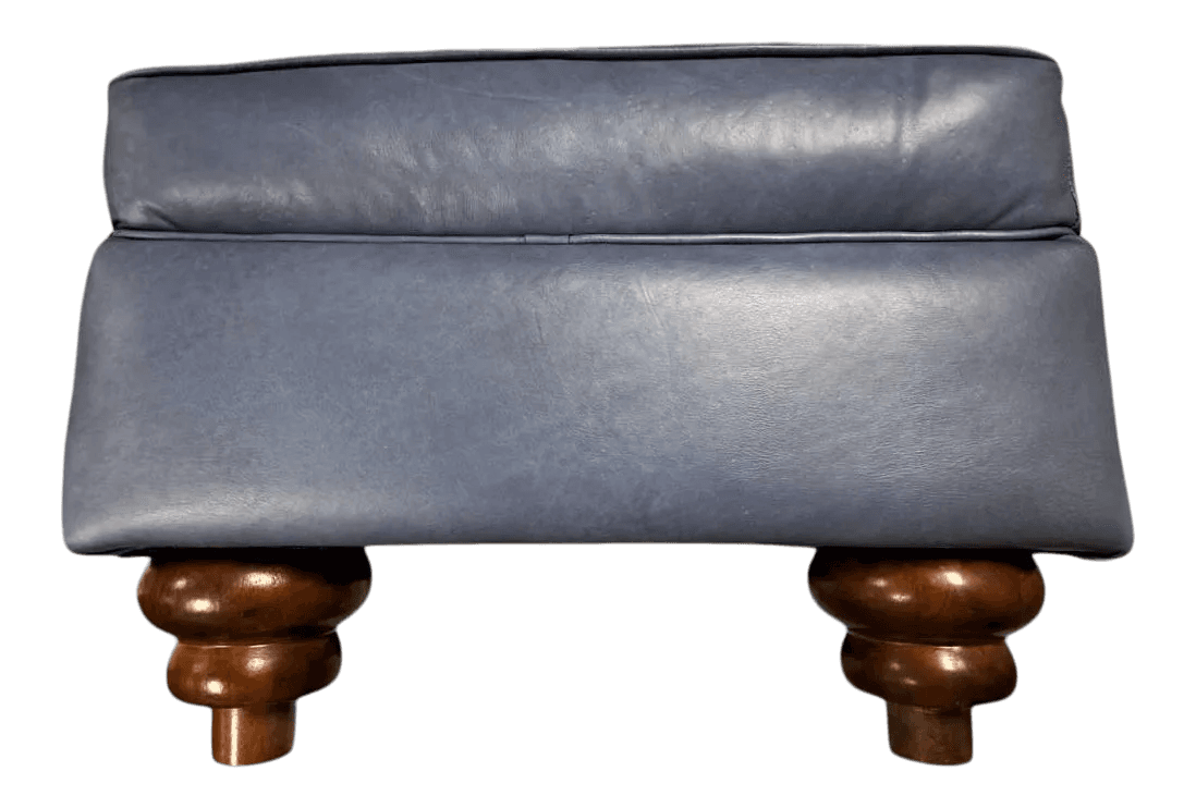 Mid 20th Century Traditional Ottoman Reupholstered in Soft Blue Italian Leather - Thumbnail 4