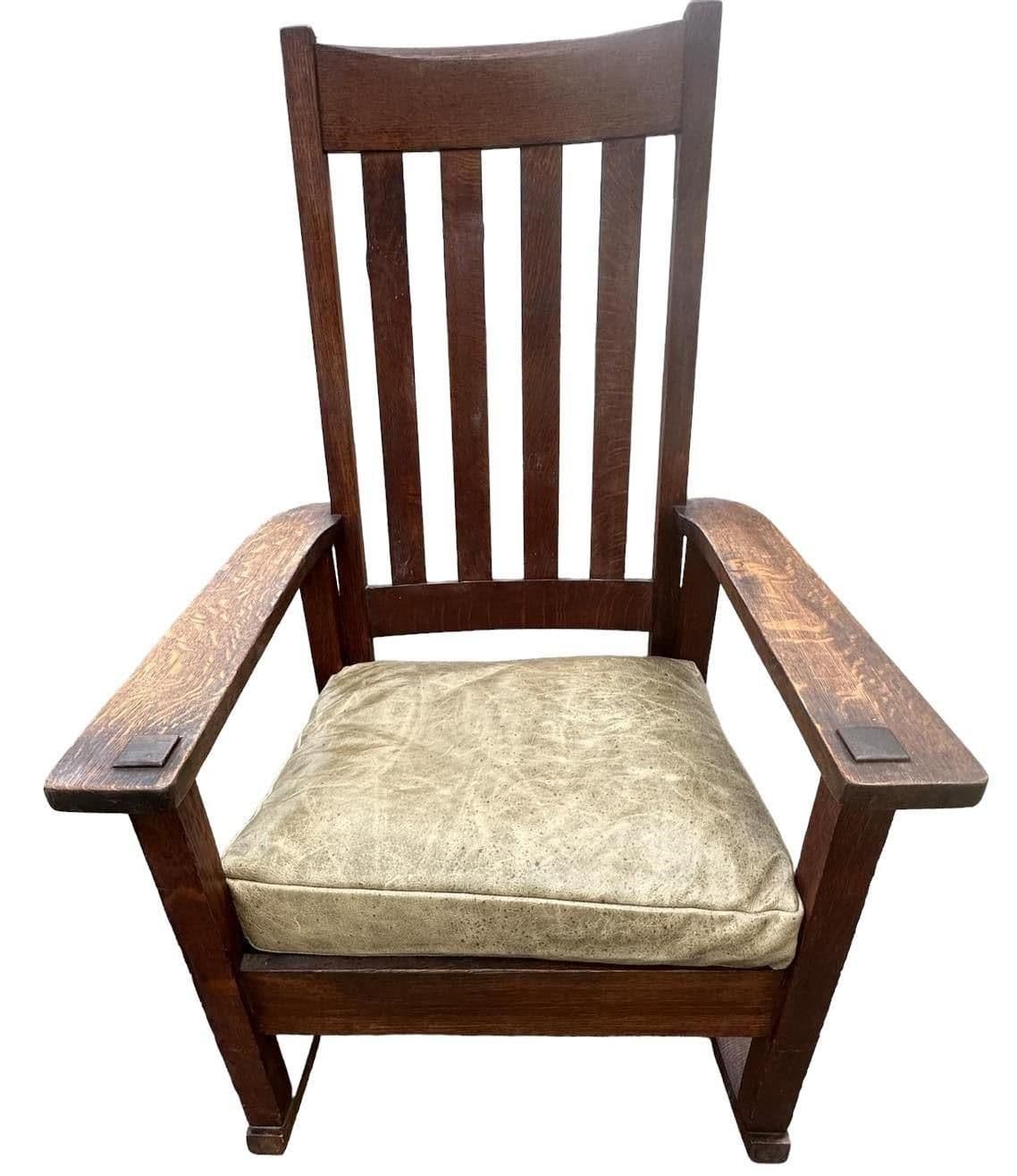 Antique Stickley Brothers Grand Rapids Mission Oak Rocking Chair With New Leather Upholstery - Circa 1900 - Thumbnail 4