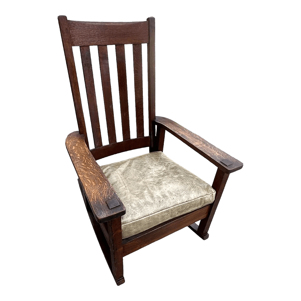 Antique Stickley Brothers Grand Rapids Mission Oak Rocking Chair With New Leather Upholstery - Circa 1900 - Thumbnail 2
