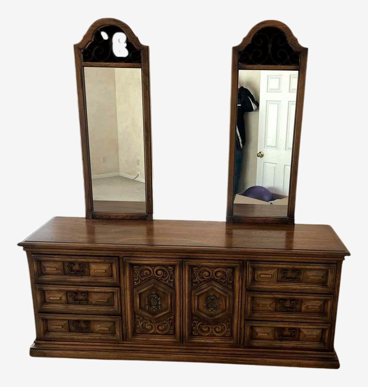 Spanish Revival Vintage Carved Solid Oak Triple Dresser With Mirrors Crafted in North Carolina by United Furniture - Image 1