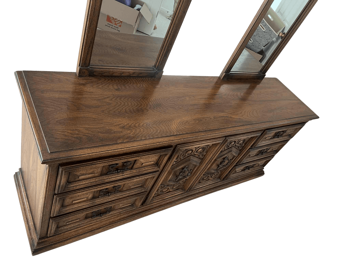 Spanish Revival Vintage Carved Solid Oak Triple Dresser With Mirrors Crafted in North Carolina by United Furniture - Thumbnail 3