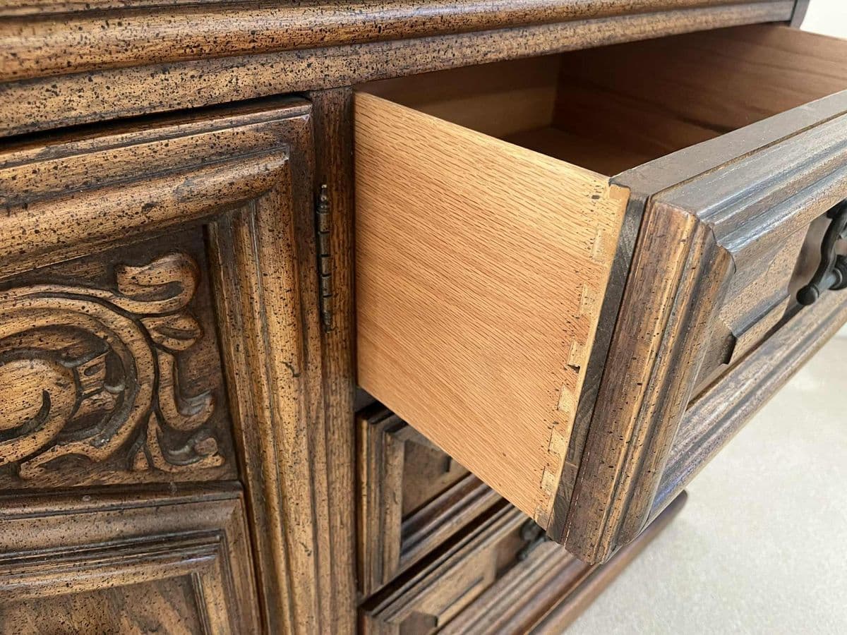 Spanish Revival Vintage Carved Solid Oak Triple Dresser With Mirrors Crafted in North Carolina by United Furniture - Thumbnail 5