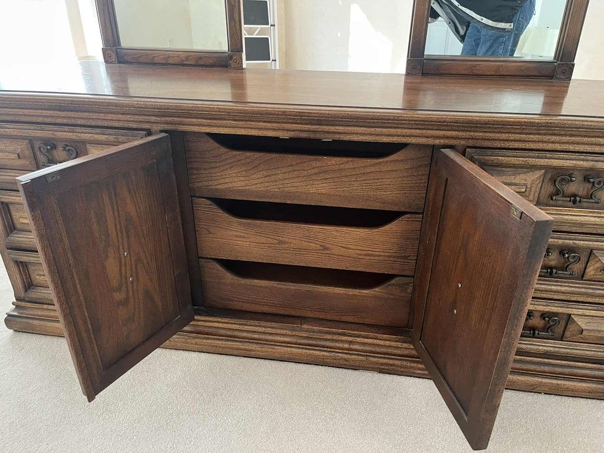 Spanish Revival Vintage Carved Solid Oak Triple Dresser With Mirrors Crafted in North Carolina by United Furniture - Thumbnail 4