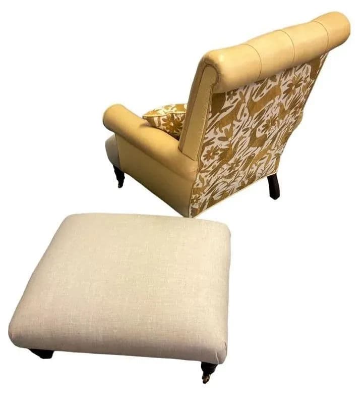 Ralph Lauren Home Vintage Chesterfield Chair and Ottoman Reupholstered With Otomi Hand Embroidery and Leather - Thumbnail 4