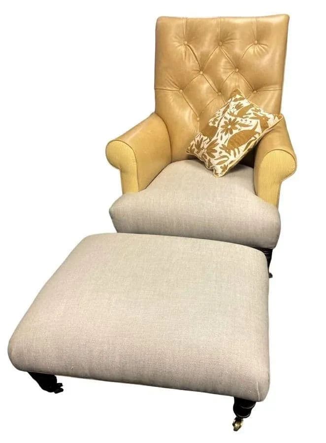 Ralph Lauren Home Vintage Chesterfield Chair and Ottoman Reupholstered With Otomi Hand Embroidery and Leather - Thumbnail 3