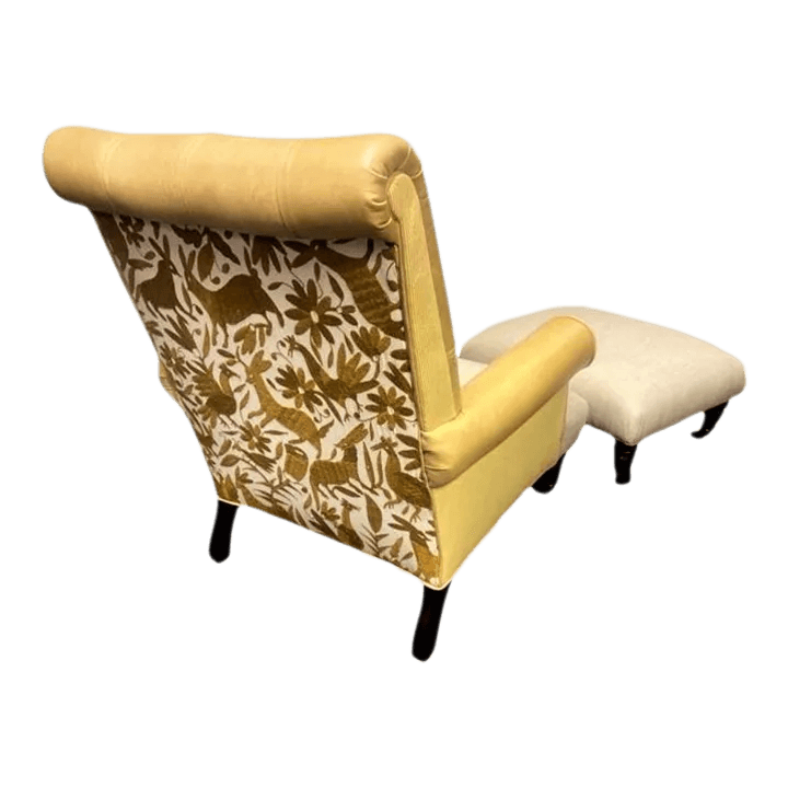 Ralph Lauren Home Vintage Chesterfield Chair and Ottoman Reupholstered With Otomi Hand Embroidery and Leather - Thumbnail 2