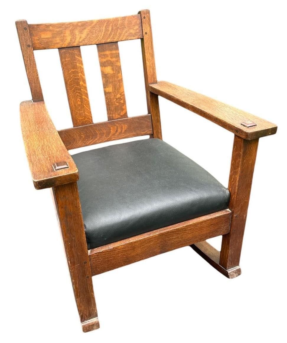 Signed Limbert Collectible Antique Arts & Crafts Quarter Sawn Oak Rocking Chair - Thumbnail 4