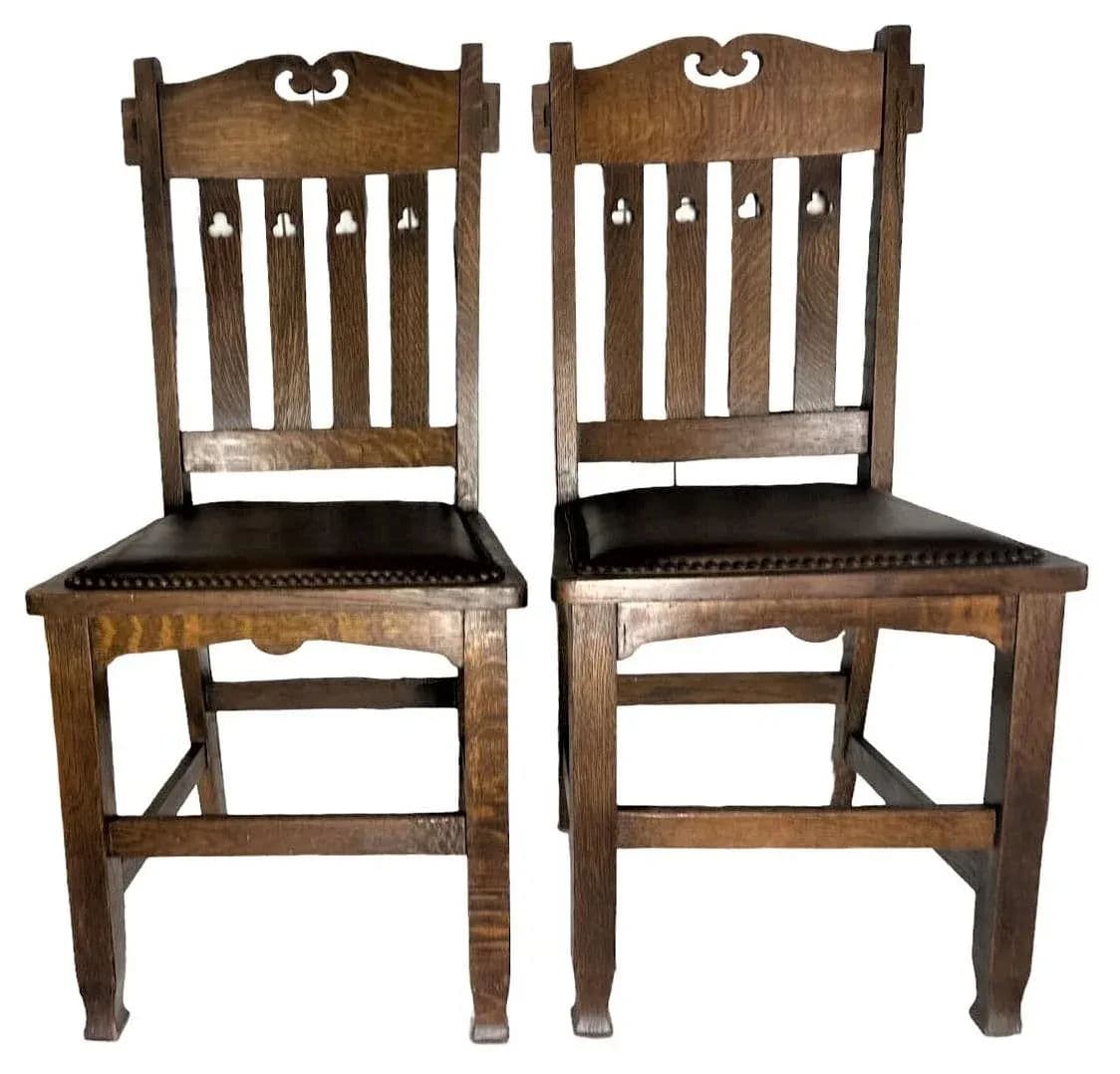 Wyburd and Liberty Attributed Antique Edwardian English Oak Chairs - a Pair - Thumbnail 9