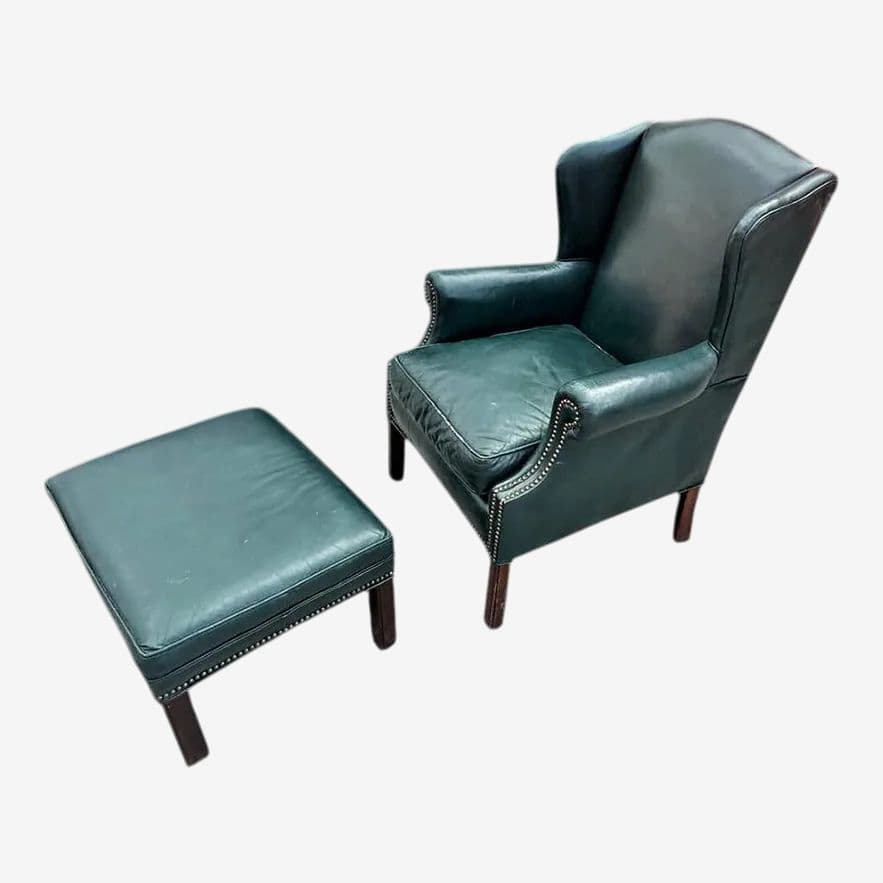 Leather Chair and Ottoman Set in Dark Green - Vintage Late 20th Century - Image 1