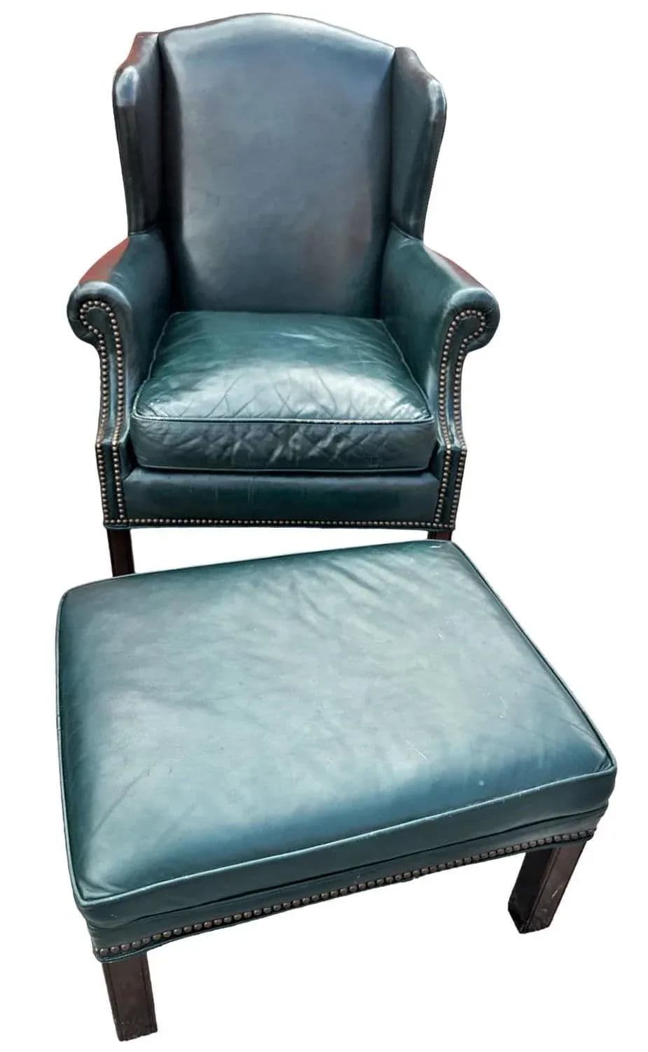 Leather Chair and Ottoman Set in Dark Green - Vintage Late 20th Century - Thumbnail 3