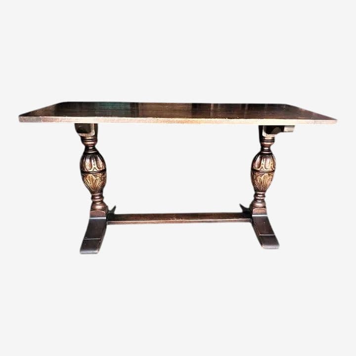 Antique Jacobean or Spanish Revival Dark Oak Trestle Library Table or Dining Table by Kensington Furniture Company - Image 1