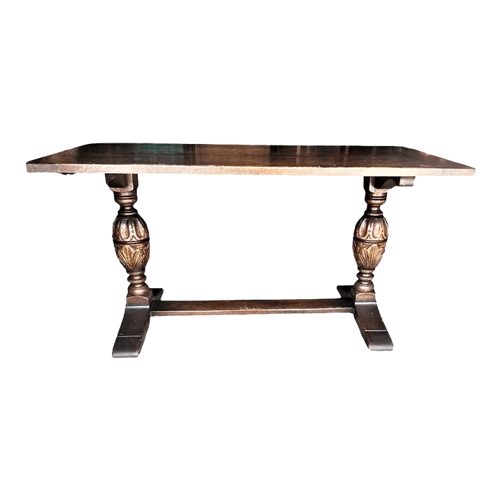 Antique Jacobean or Spanish Revival Dark Oak Trestle Library Table or Dining Table by Kensington Furniture Company - Thumbnail 2