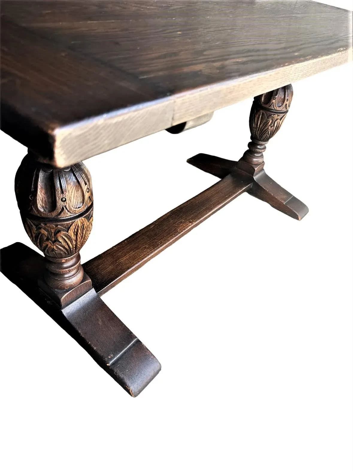 Antique Jacobean or Spanish Revival Dark Oak Trestle Library Table or Dining Table by Kensington Furniture Company - Thumbnail 4