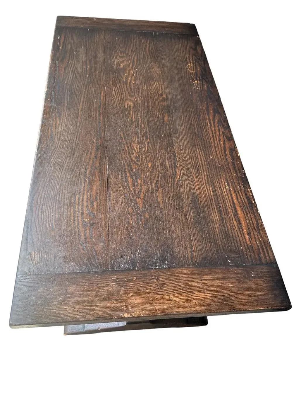 Antique Jacobean or Spanish Revival Dark Oak Trestle Library Table or Dining Table by Kensington Furniture Company - Thumbnail 3