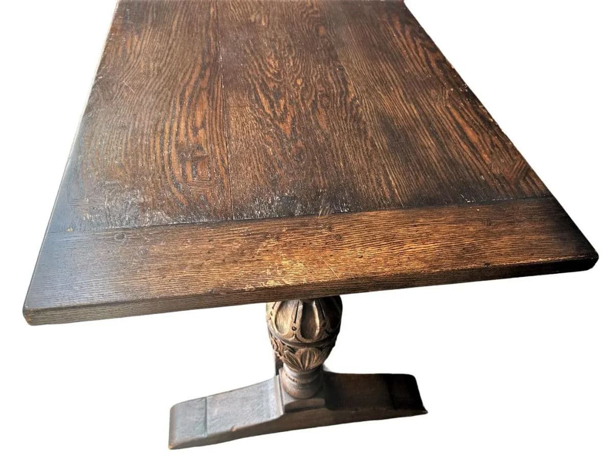 Antique Jacobean or Spanish Revival Dark Oak Trestle Library Table or Dining Table by Kensington Furniture Company - Thumbnail 8