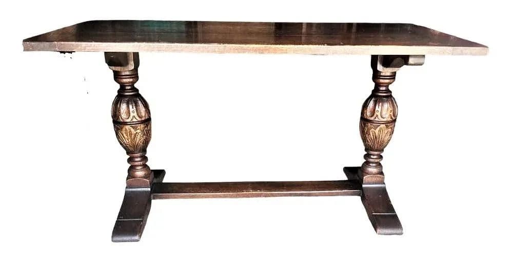 Antique Jacobean or Spanish Revival Dark Oak Trestle Library Table or Dining Table by Kensington Furniture Company - Thumbnail 10