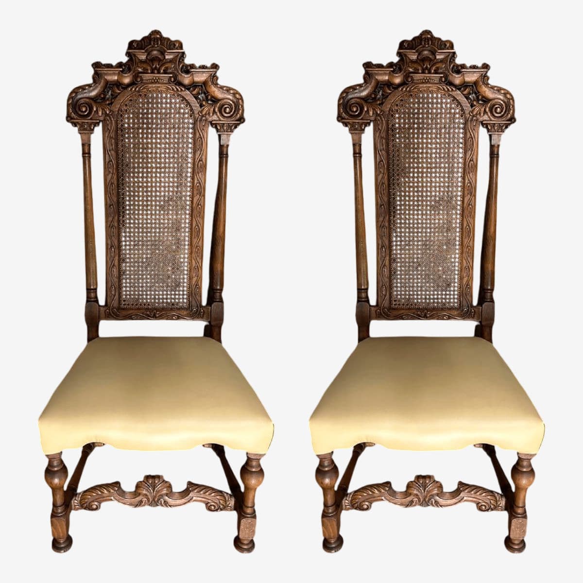 Antique 19th Century Ornately Carved Oak and Caning Renaissance Revival Chairs With New Leather Seat Upholstery - a Pair - Image 1