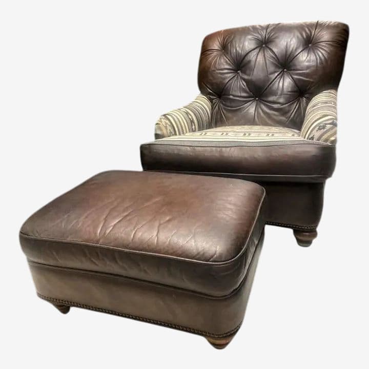 Vintage Chesterfield Leather Writer's Chair and Ottoman With Oriental Tapestry Details - Image 1