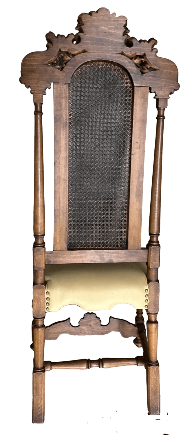 Antique 19th Century Ornately Carved Oak and Caning Renaissance Revival Chairs With New Leather Seat Upholstery - a Pair - Thumbnail 4