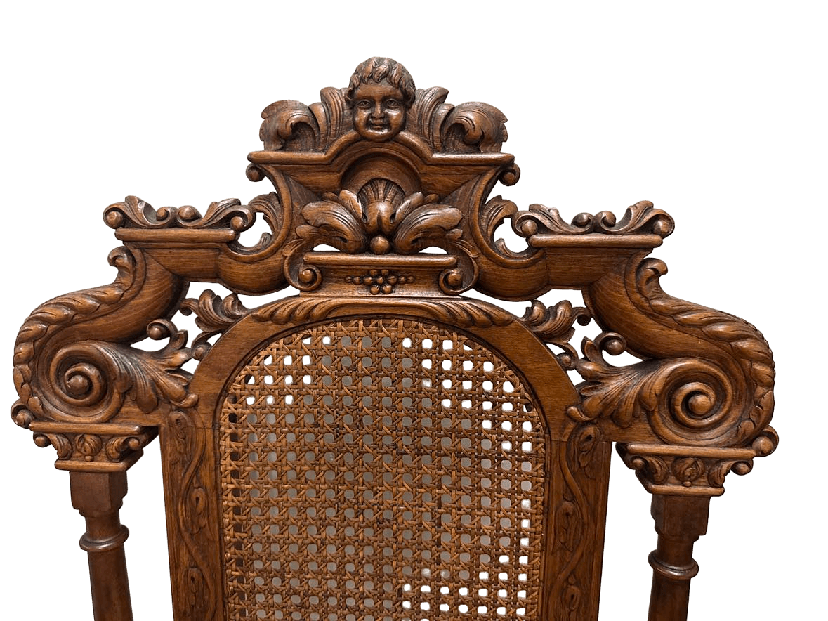 Antique 19th Century Ornately Carved Oak and Caning Renaissance Revival Chairs With New Leather Seat Upholstery - a Pair - Thumbnail 3