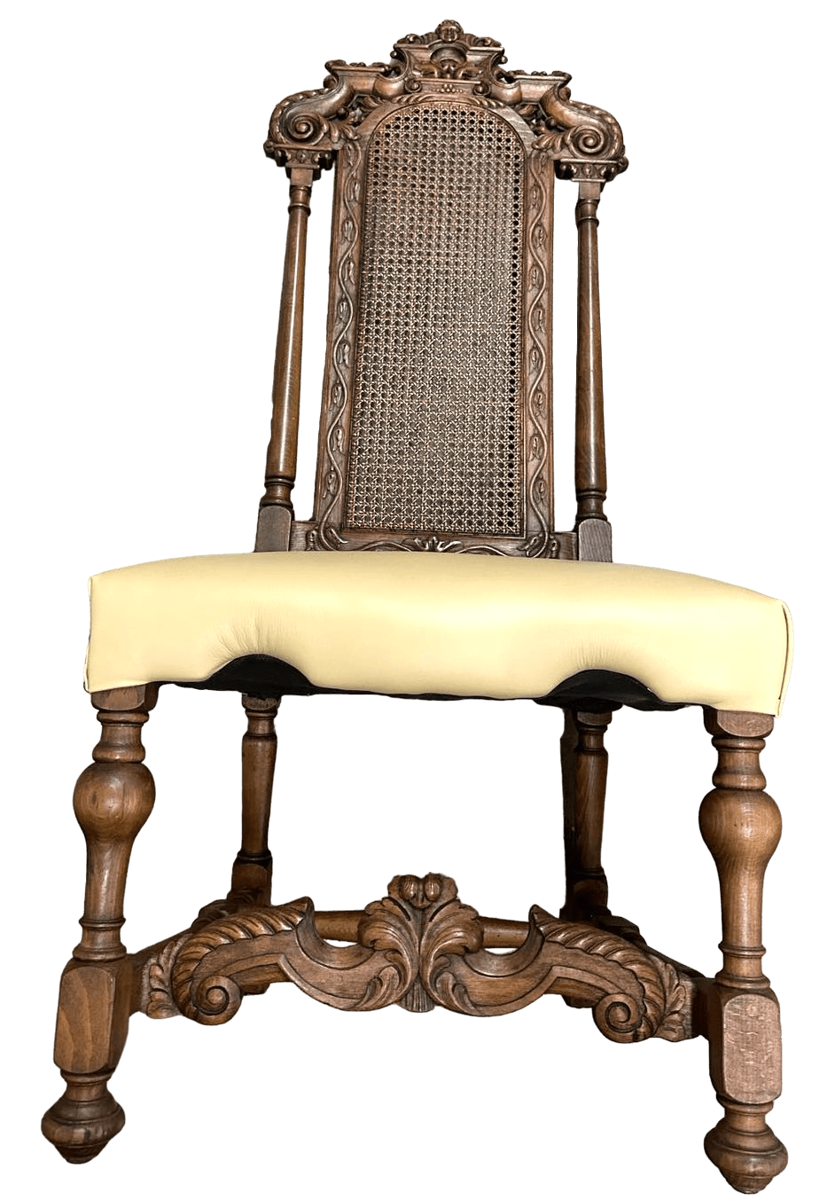 Antique 19th Century Ornately Carved Oak and Caning Renaissance Revival Chairs With New Leather Seat Upholstery - a Pair - Thumbnail 7