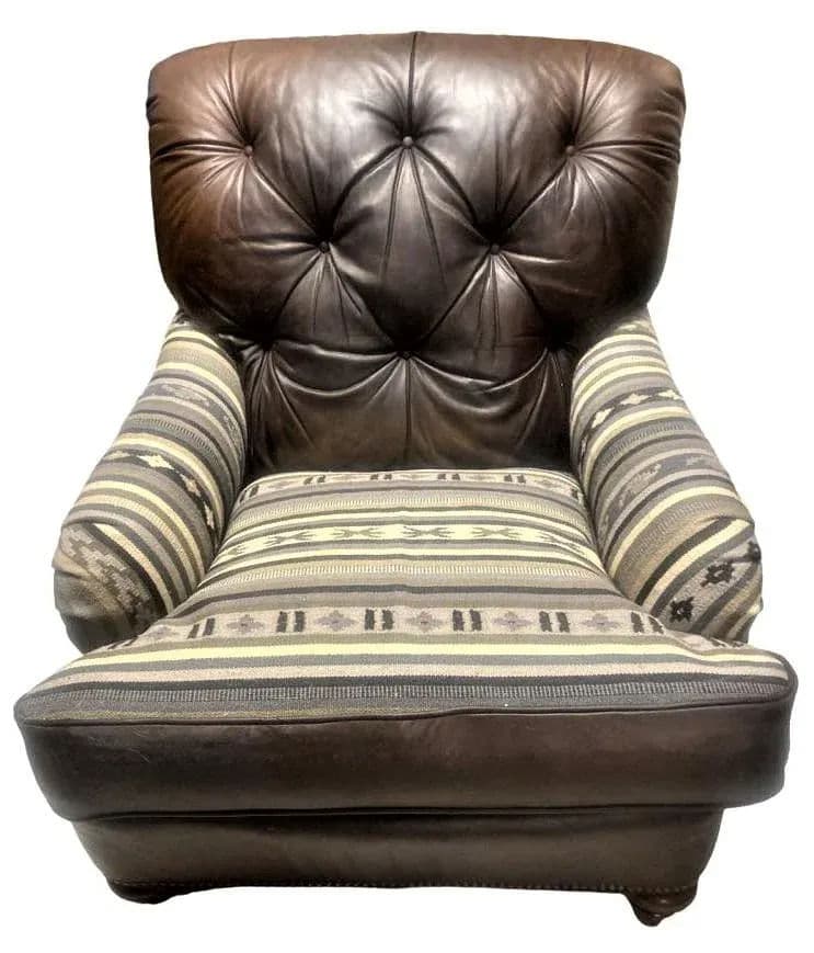Vintage Chesterfield Leather Writer's Chair and Ottoman With Oriental Tapestry Details - Thumbnail 4
