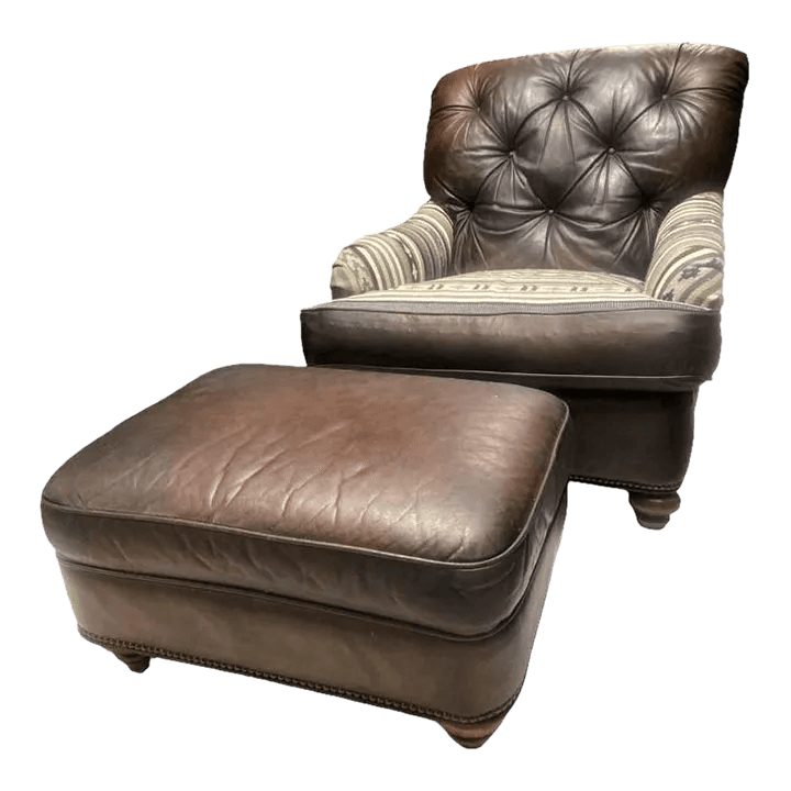 Vintage Chesterfield Leather Writer's Chair and Ottoman With Oriental Tapestry Details - Thumbnail 2