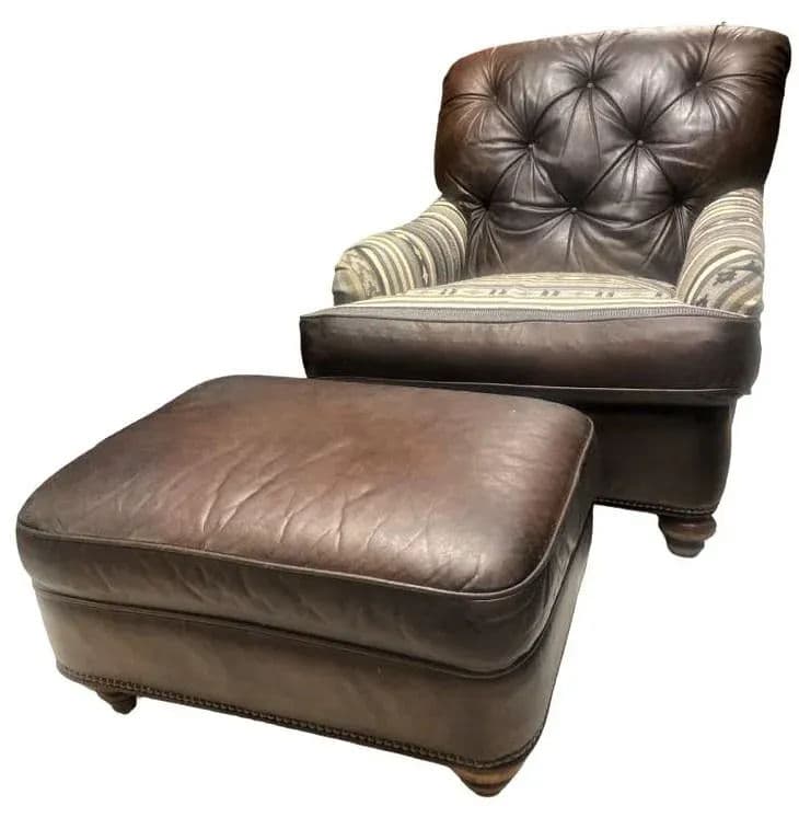 Vintage Chesterfield Leather Writer's Chair and Ottoman With Oriental Tapestry Details - Thumbnail 11