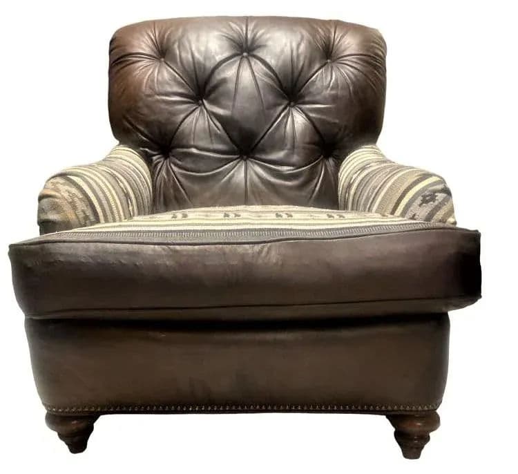 Vintage Chesterfield Leather Writer's Chair and Ottoman With Oriental Tapestry Details - Thumbnail 8
