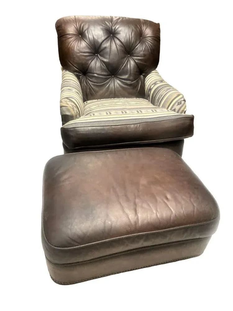 Vintage Chesterfield Leather Writer's Chair and Ottoman With Oriental Tapestry Details - Thumbnail 9