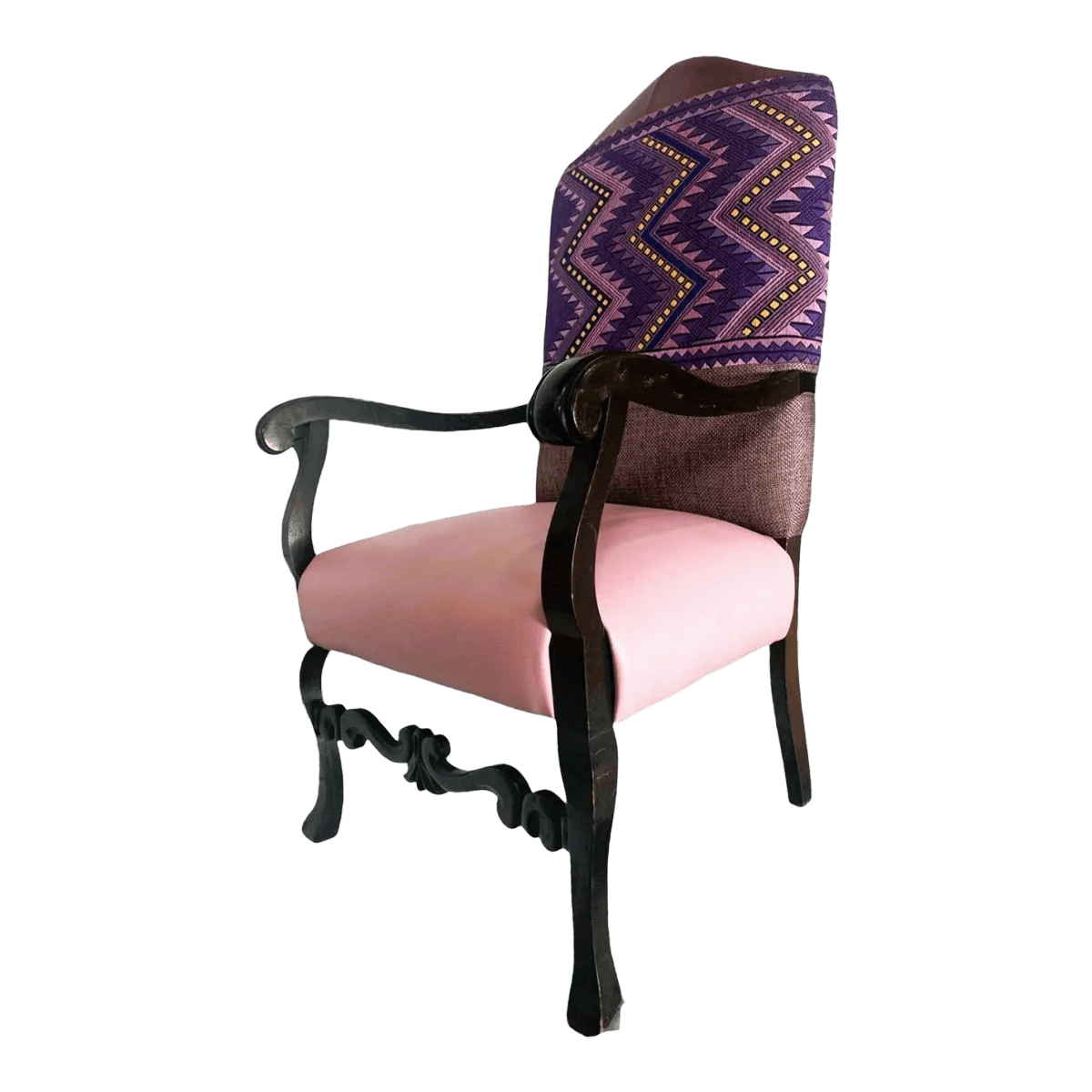 Antique Hacienda Style Chair With New Upholstery of Mauve and Rose Hand Embroidery and Leather - Thumbnail 2