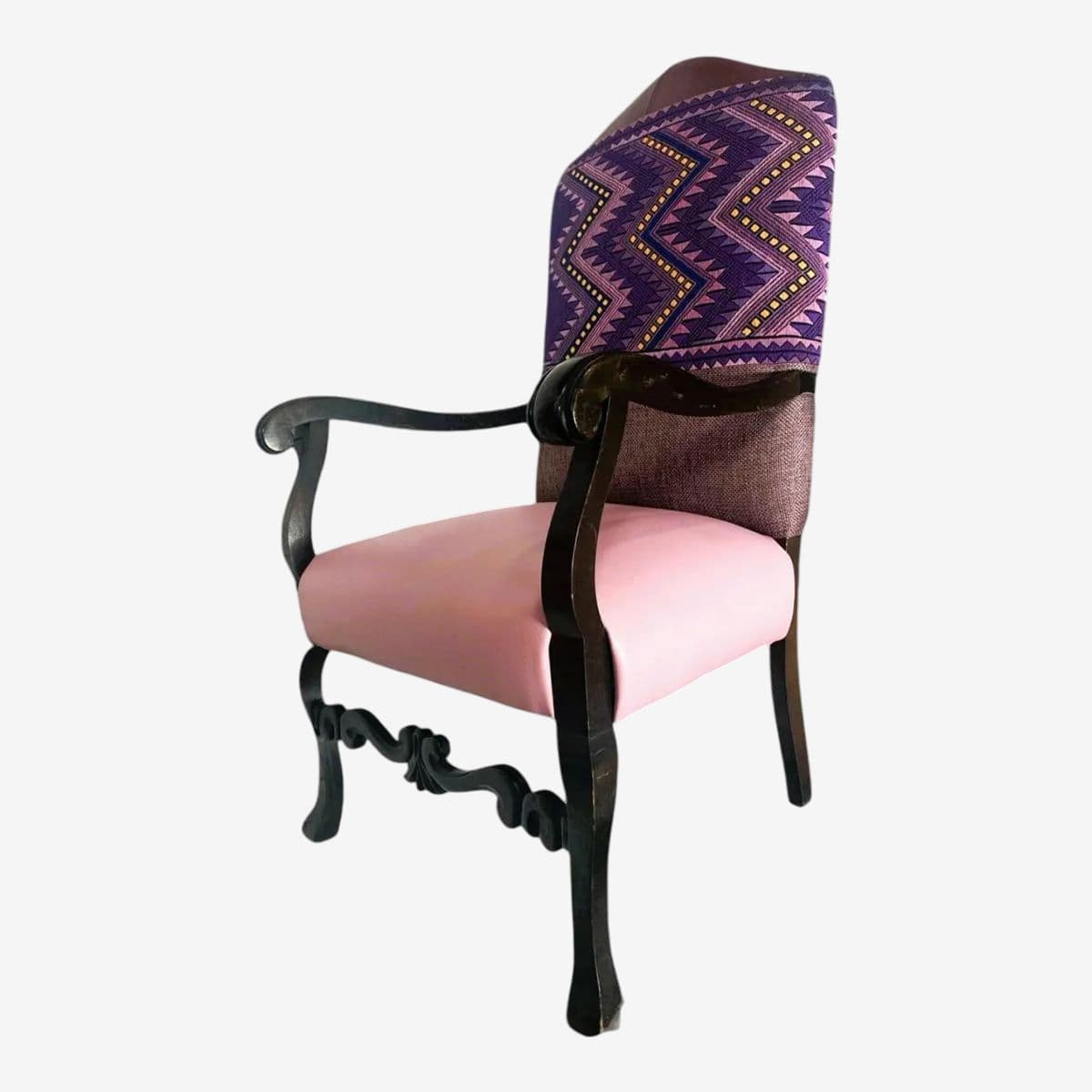 Antique Hacienda Style Chair With New Upholstery of Mauve and Rose Hand Embroidery and Leather - Image 1