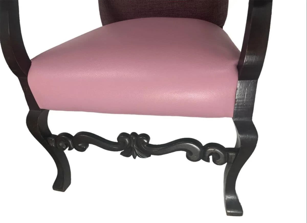 Antique Hacienda Style Chair With New Upholstery of Mauve and Rose Hand Embroidery and Leather - Thumbnail 6