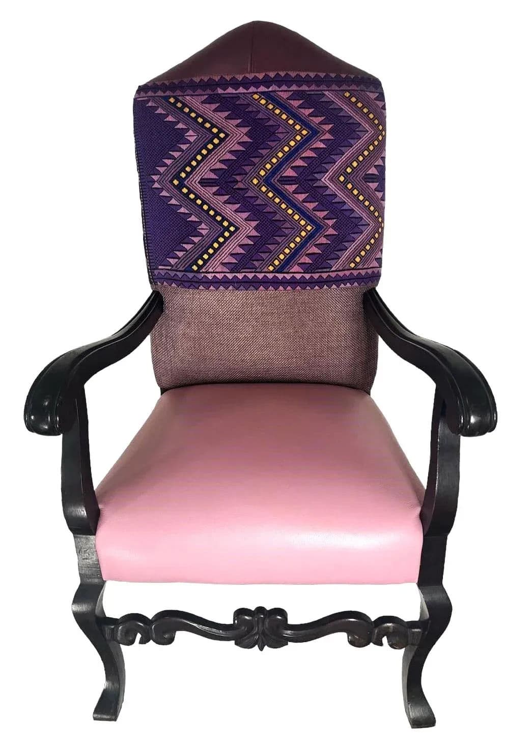 Antique Hacienda Style Chair With New Upholstery of Mauve and Rose Hand Embroidery and Leather - Thumbnail 4