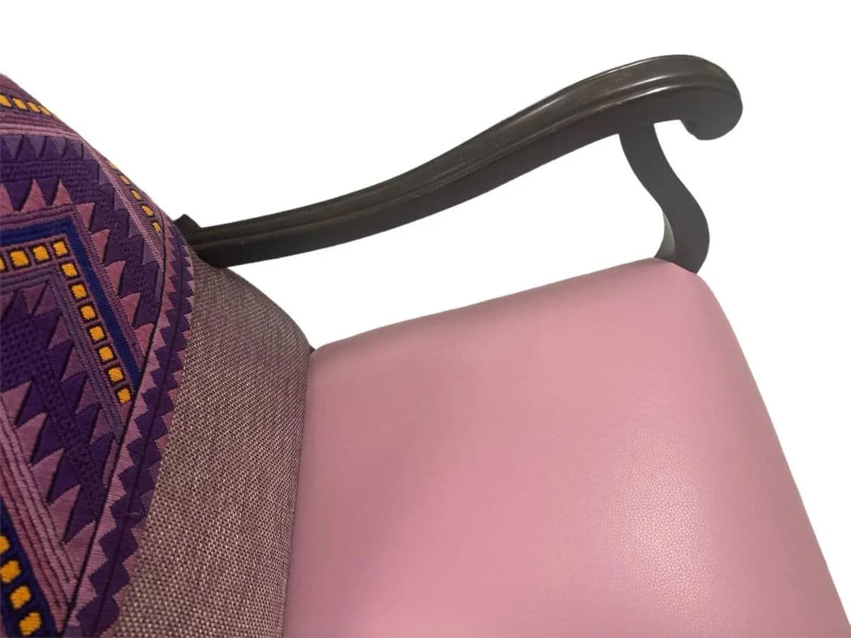 Antique Hacienda Style Chair With New Upholstery of Mauve and Rose Hand Embroidery and Leather - Thumbnail 8