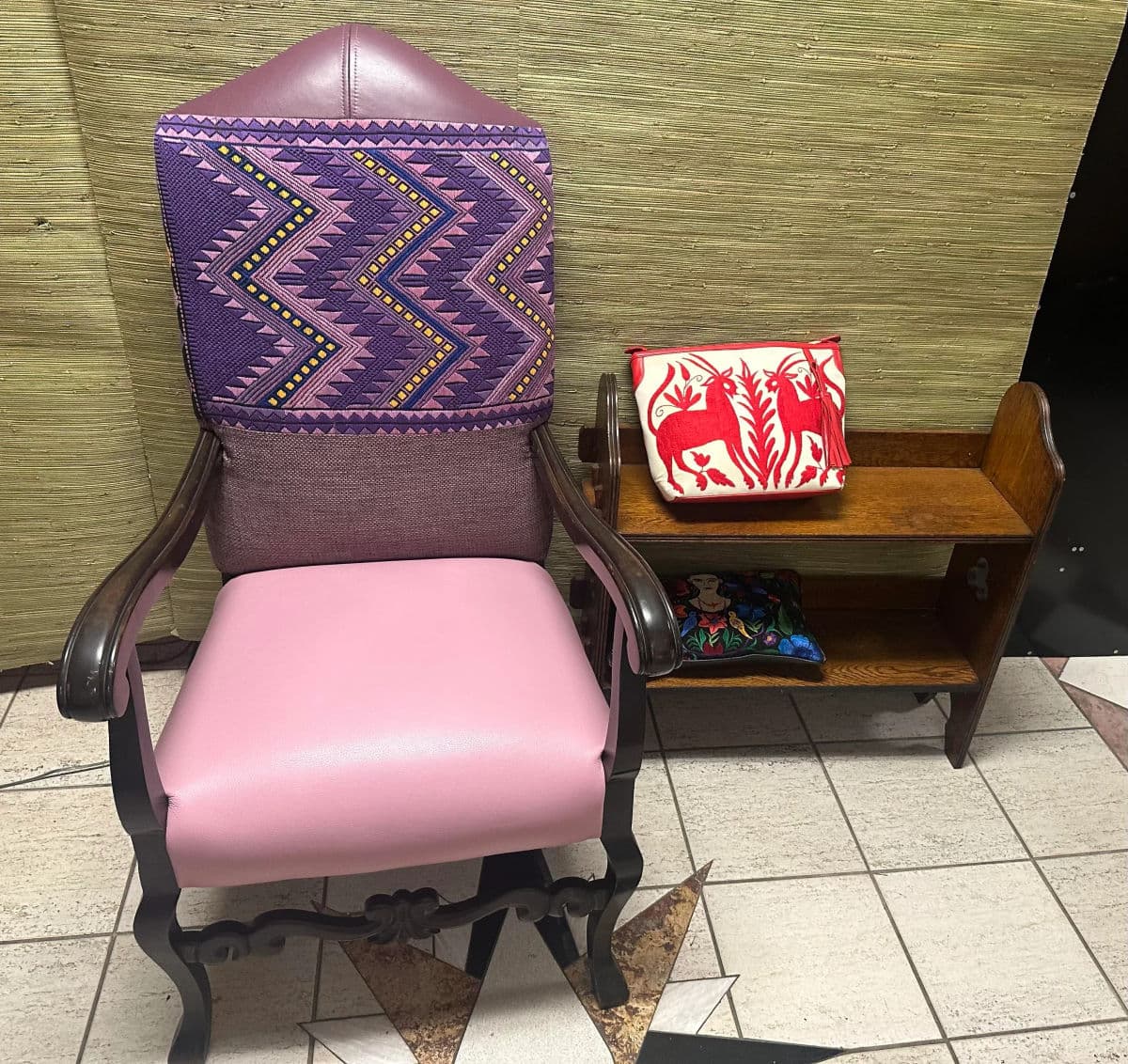 Antique Hacienda Style Chair With New Upholstery of Mauve and Rose Hand Embroidery and Leather - Thumbnail 11