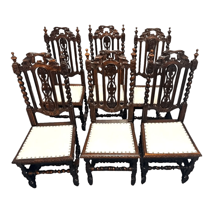 19th Century French Antique Carved Oak Dining Chairs With New Seat Upholstery - Set of 6 - Thumbnail 2