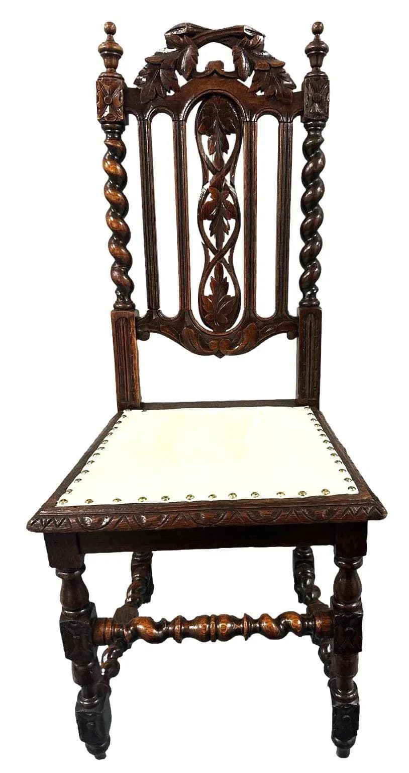 19th Century French Antique Carved Oak Dining Chairs With New Seat Upholstery - Set of 6 - Thumbnail 3