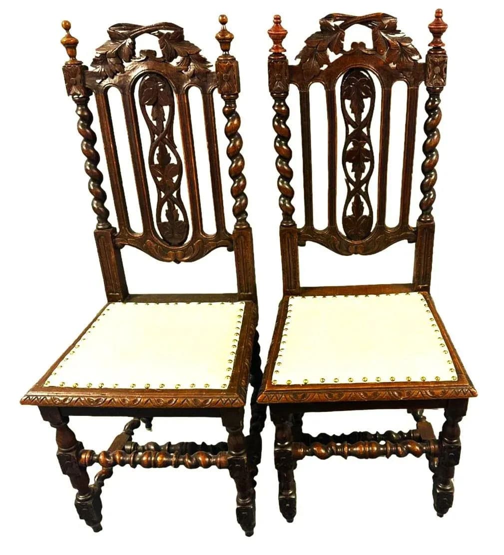 19th Century French Antique Carved Oak Dining Chairs With New Seat Upholstery - Set of 6 - Thumbnail 4