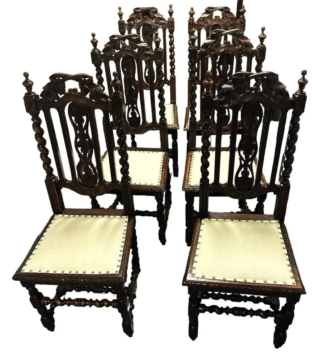 19th Century French Antique Carved Oak Dining Chairs With New Seat Upholstery - Set of 6 - Thumbnail 8
