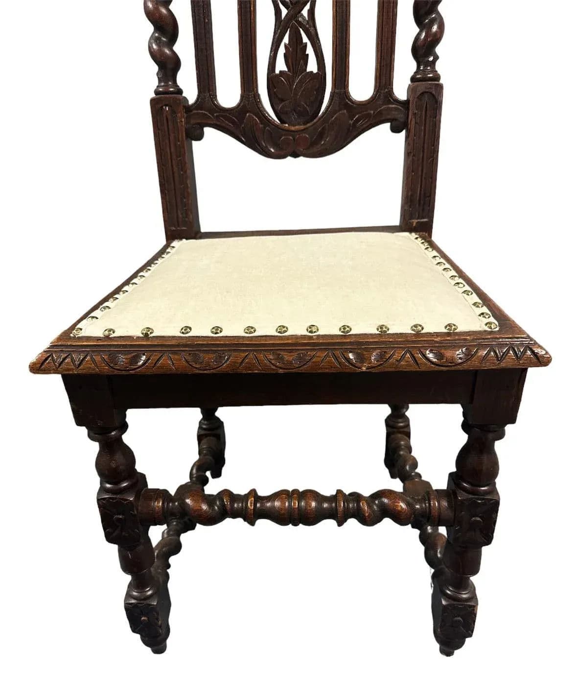 19th Century French Antique Carved Oak Dining Chairs With New Seat Upholstery - Set of 6 - Thumbnail 7
