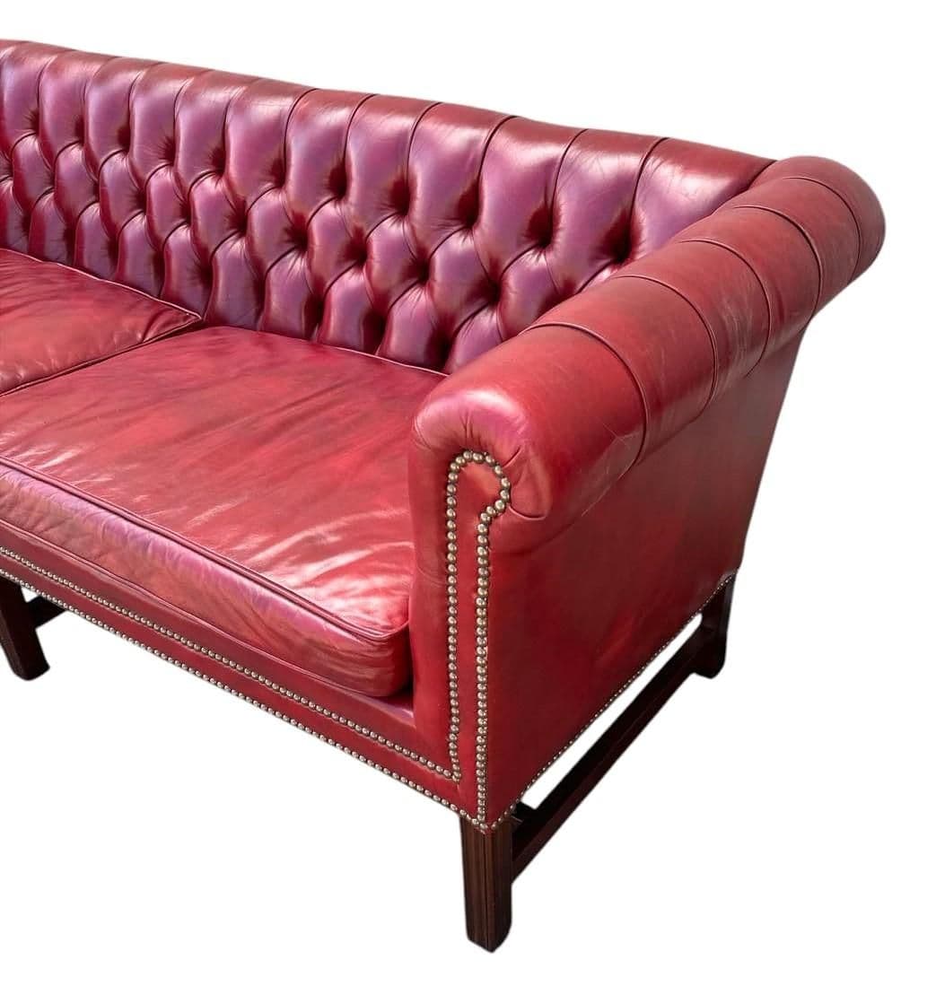 Cherry Red Leather and Mahogany Chesterfield Sofa by St. Timothy of Hickory, North Carolina - Thumbnail 4