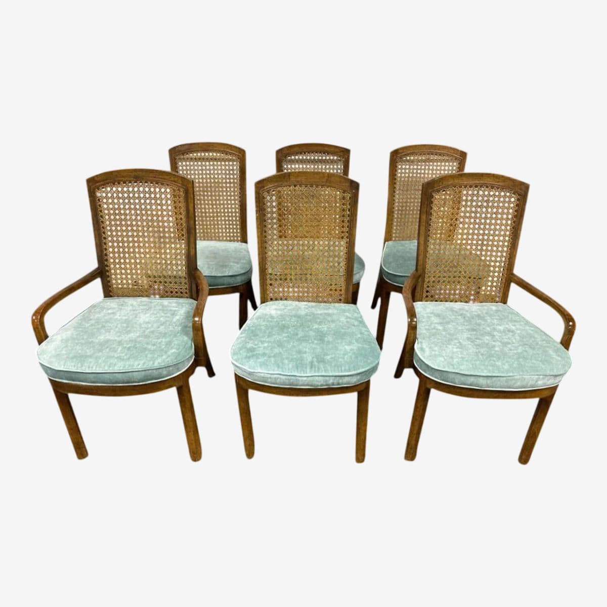 Drexel Mid 20th Century Cane and Oak Dining Chairs With New Velvet Upholstery - Set of 6 - Image 1